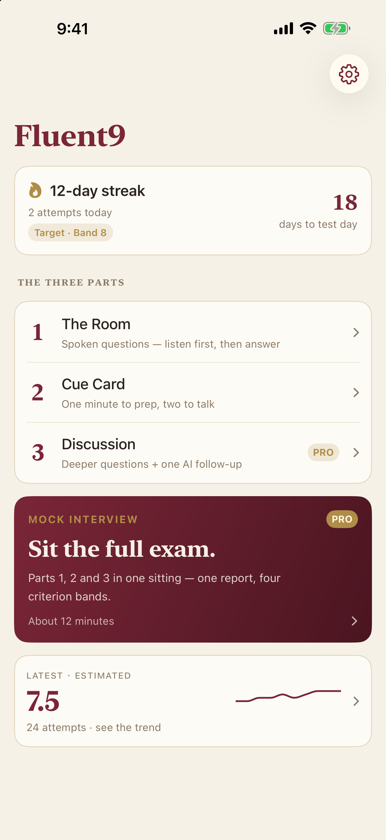Fluent9 home screen with practice modes for all three test parts