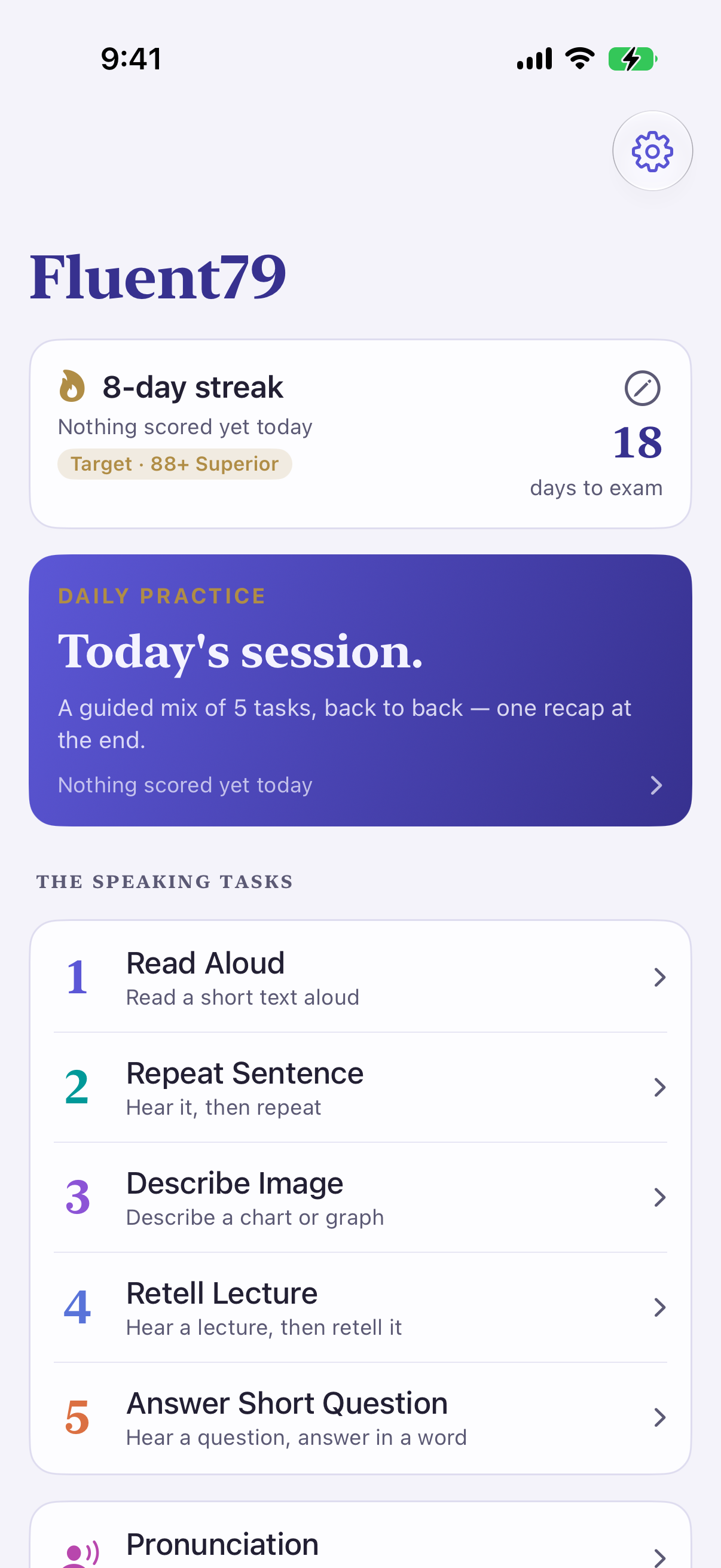 Fluent79 home screen with the five speaking tasks