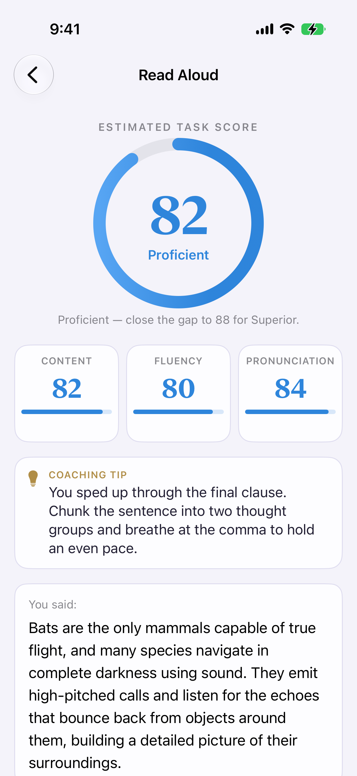 Fluent79 result screen showing an estimated Read Aloud score of 82